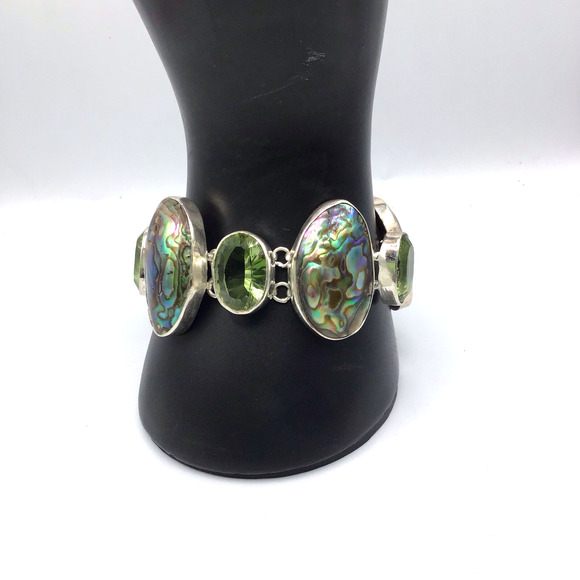 Sterling Silver Abalone Peridot Bracelet 925 Adjustable up to 8" - Picture 4 of 12